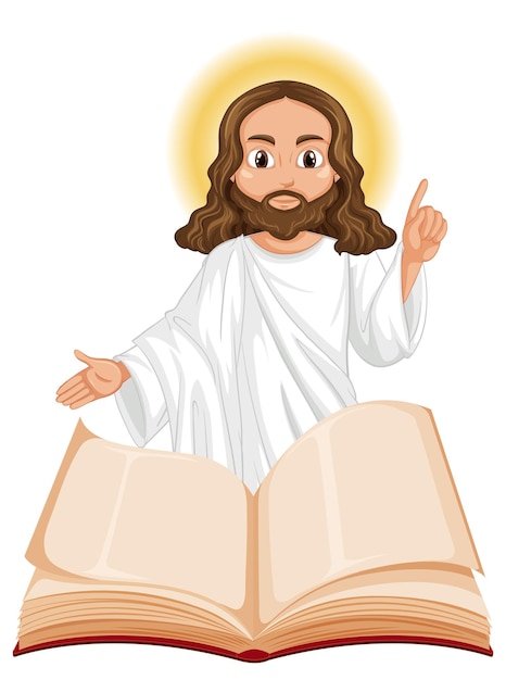 Vector jesus christ with open bible cartoon character illustration