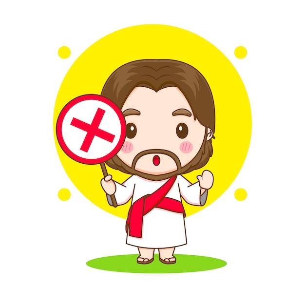 Gesù cristo con il simbolo del segno sbagliato chibi personaggio dei cartoni animati illustrazione