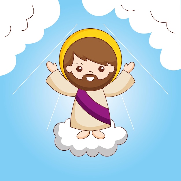 Jesus on cloud between sky. the ascension of jesus to heaven, cartoon illustration