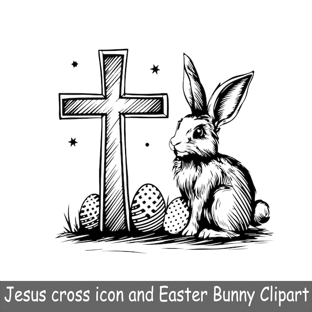 Vector jesus cross icon and easter bunny clipart sketch art