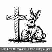 Vector jesus cross icon and easter bunny clipart sketch art