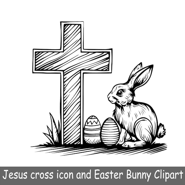 Vector jesus cross icon and easter bunny clipart sketch art