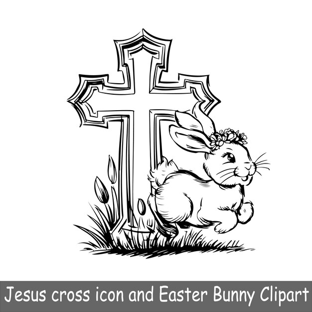 Vector jesus cross icon and easter bunny clipart sketch art