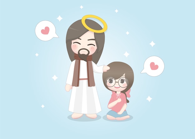 Jesus and cute girl happily talk to each other.