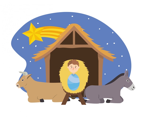 Vector jesus between donkey and mule in the manger with star