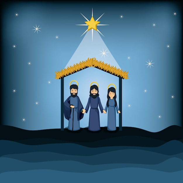 Vector jesus god joseph and mary cartoon icon. holy family and merry christmas season theme. colorful desig