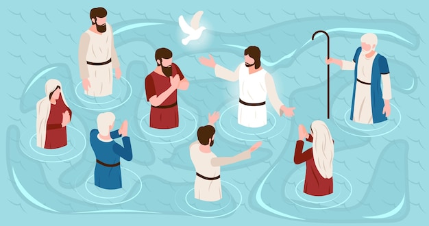 Vector jesus life composition with baptism and faith symbols isometric vector illustration