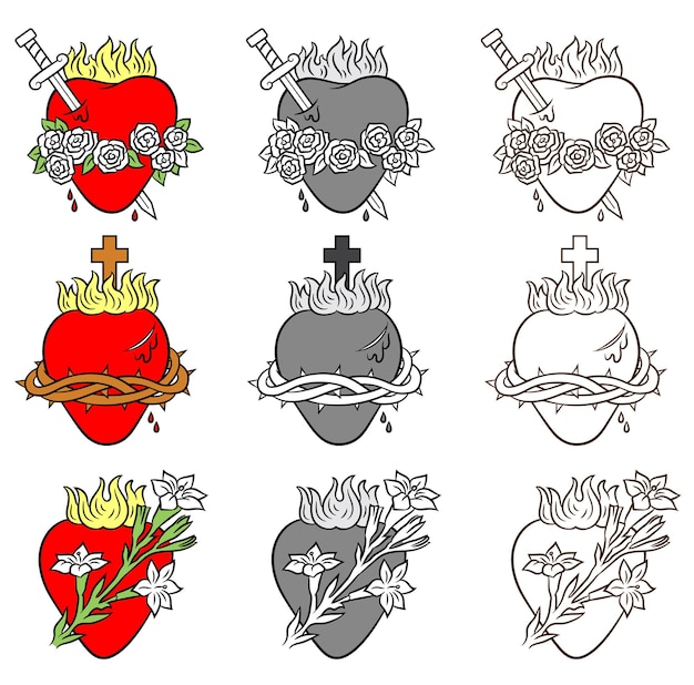 Jesus mary and joseph's sacred hearts in color and grayscale