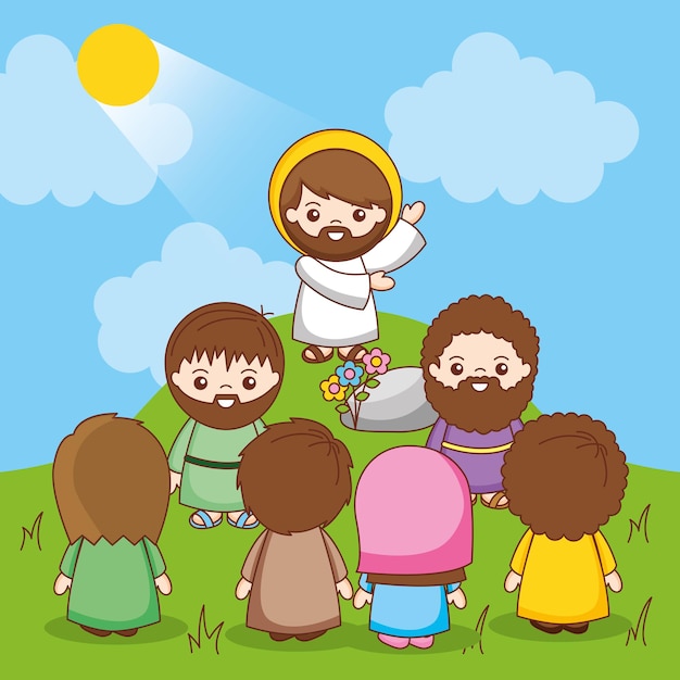 Vector jesus between people on mountain. the announcement of the kingdom of heaven inviting conversion, cartoon illustration