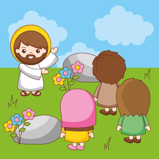 Вектор Иисус проповедует евангелие на горе, карикатура
