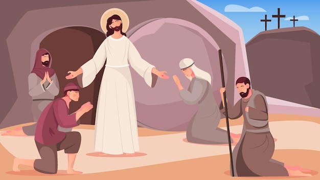 Jesus resurrection and people near tomb cave exit flat illustration