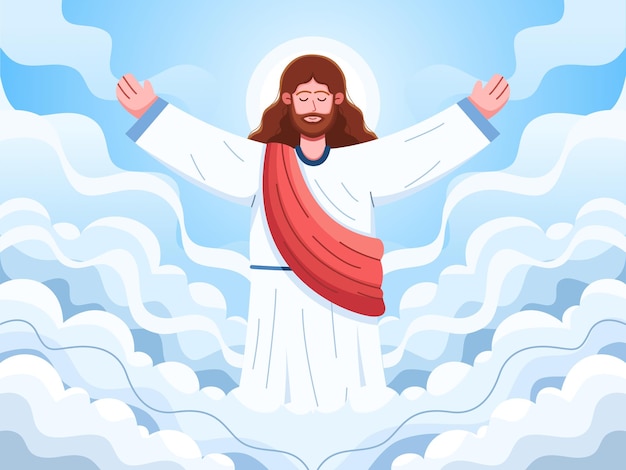 Jesus standing on the clouds with his arms outstretched