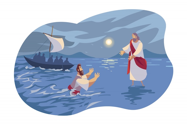 Vector jesus walks on water, bible concept