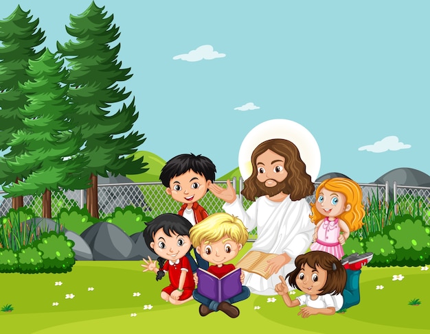 Vector jesus with children in the park