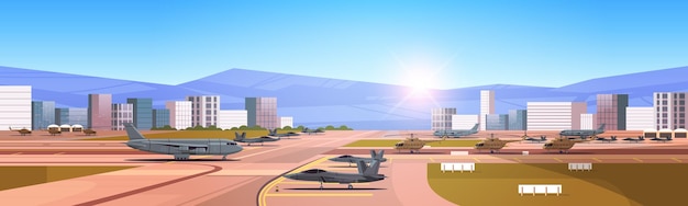 Jet-powered strategic bomber planes special battle transport on military airport runway and aviation control point stop war against ukraine cityscape background horizontal vector illustration