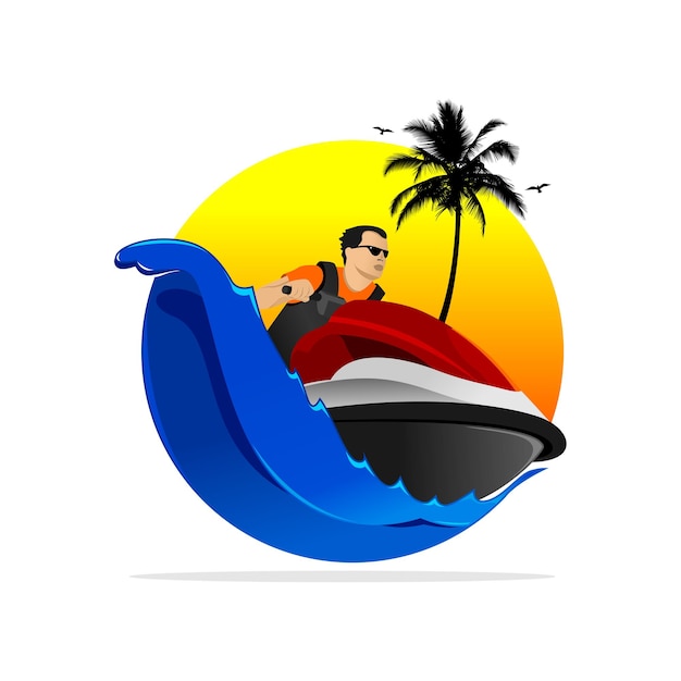 Дизайн логотипа гидроцикла с волнами, кокосовыми пальмами, птицами и закатом, векторная иллюстрация