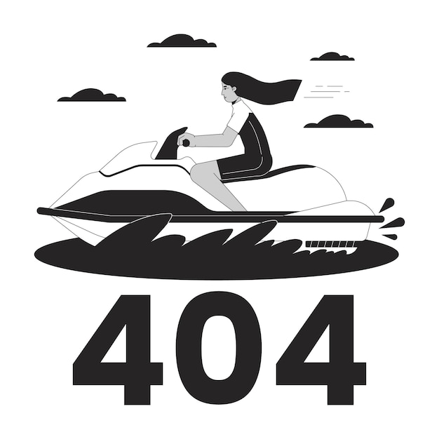 Jet ski riding black white error 404 flash message Swimwear arab girl on water scooter Watersport Mono empty state ui design Page not found popup cartoon image Vector flat outline illustration