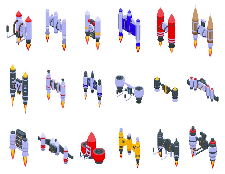 Vector jetpack icons set isometric vector rocket fly