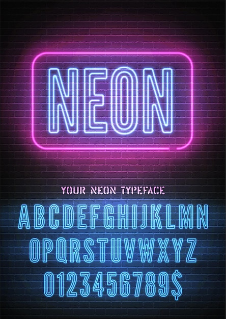 Jeugdig bord met helder blauw roze neon alfabet op donkere bakstenen muur achtergrond Nachtlicht gloeiend effect smal vet lettertype met getallen Vector illustratie