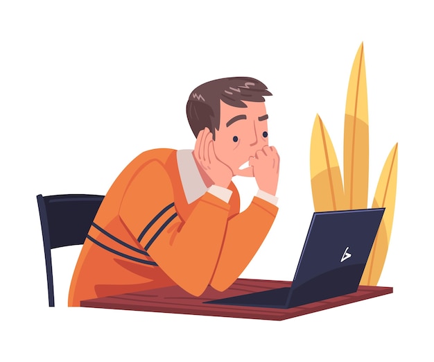 Jeugdige bezige man personage in stress Voel je moe en uitgeput Zit bij laptop Vector illustratie