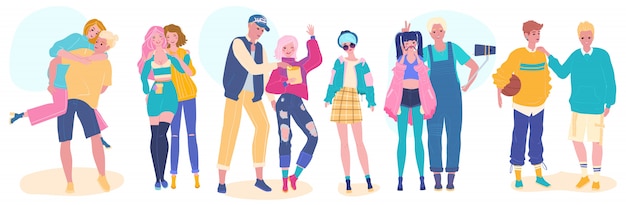 Jeugdvrienden, gelukkige jonge tieners in mode kleding, illustratie
