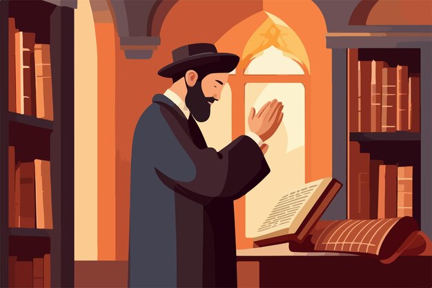 ベクトル シナゴーグのユダヤ人のハシッド・ラビは律法を読むベクトルイラストユダヤ人の休日の概念