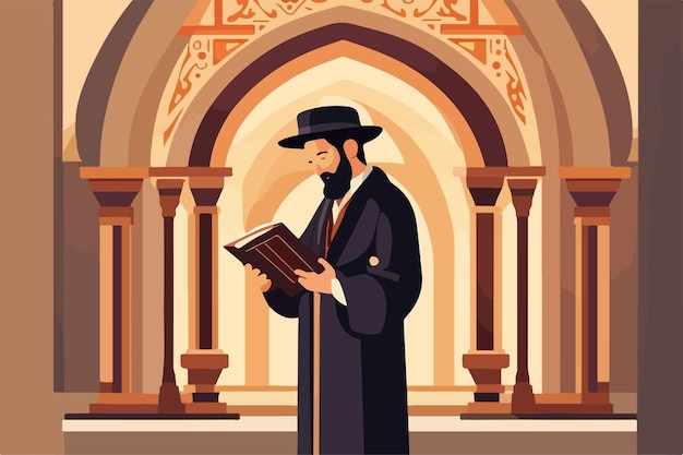 Еврейский раввин хасид в синагоге читает векторную иллюстрацию торы концепции еврейских праздников