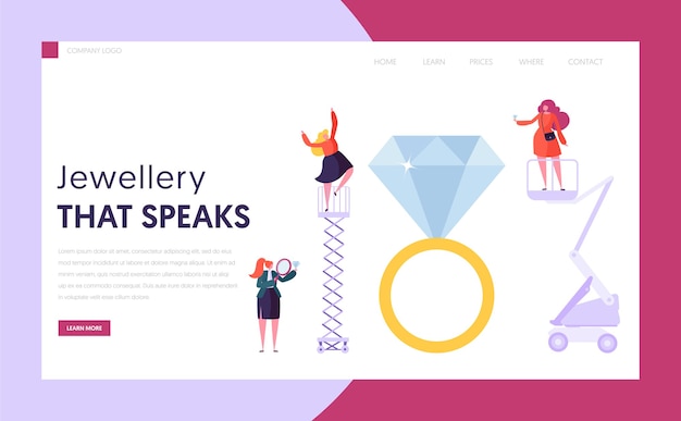 Jeweler seller hold diamond landing page. female character buy ring at gemstone shop. jewelry industry concept website or web page. luxury wedding symbol flat cartoon vector illustration