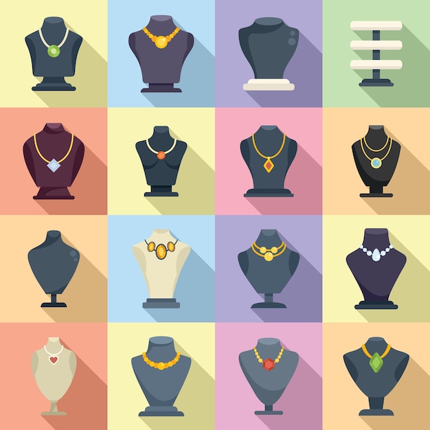 Vector jewelry dummy icons set flat vector bust chain