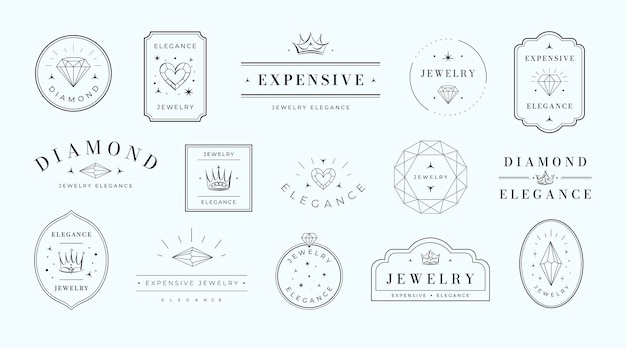 Эмблемы ювелирных изделий элегантный шаблон этикетки с бриллиантами, роскошная эмблема драгоценных камней и минималистичный набор векторных рамок премиум-класса