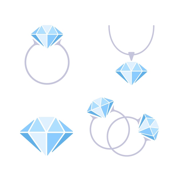 Jewelry flat illustration. Stylized faceted diamond, silver ring and necklace on white background.