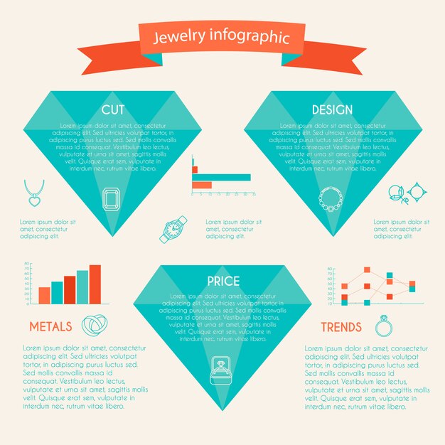 Jewelry infographic with diamonds charts and jewellery icons set