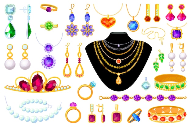 Vettore articolo di gioielli. diadema, collana, perline, anello, orecchini, bracciale, spilla, catena e ciondolo illustrazione. oro, diamanti, perle, gemme preziose accessorize impostato su sfondo bianco