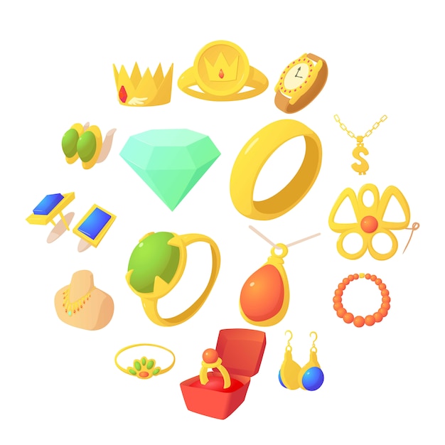 Jewelry items icons set, cartoon style