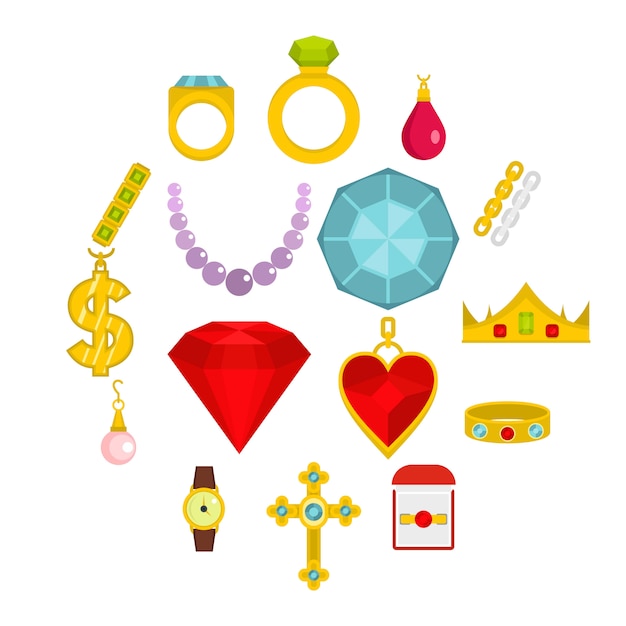 Jewelry items icons set in flat style