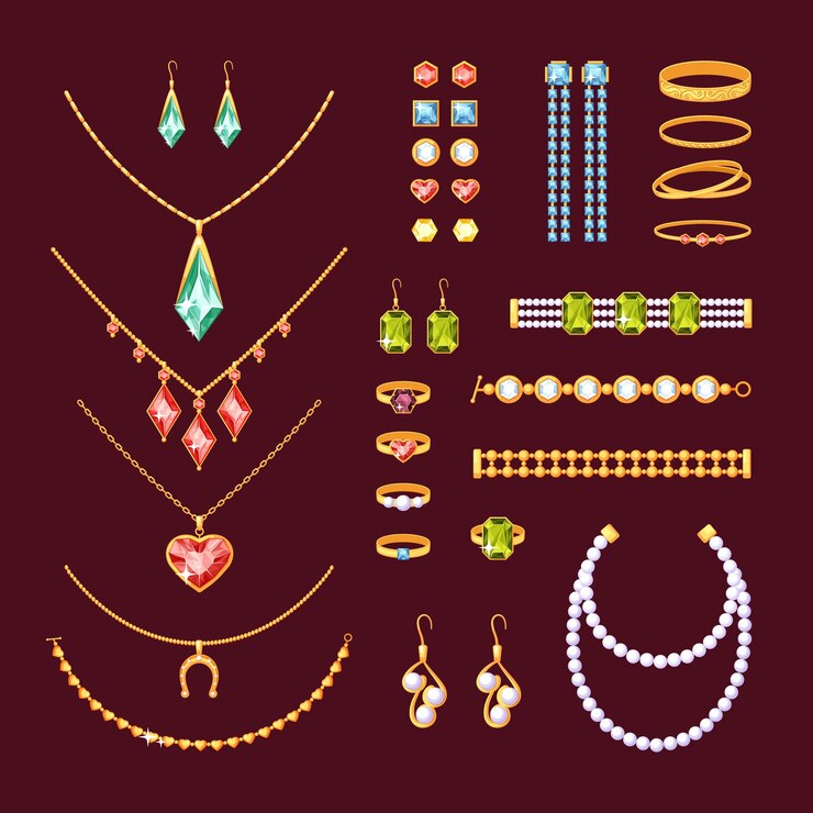 Jewelry items set. Fashionable necklaces with pearls ruby cufflinks rings bracelets tourmaline diamonds gold earrings pendants with topaz necklace emeralds and sapphires.