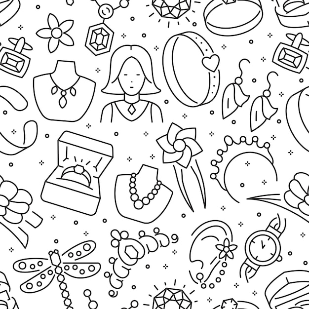 Jewelry line icons seamless pattern background of precious thing vector illustration