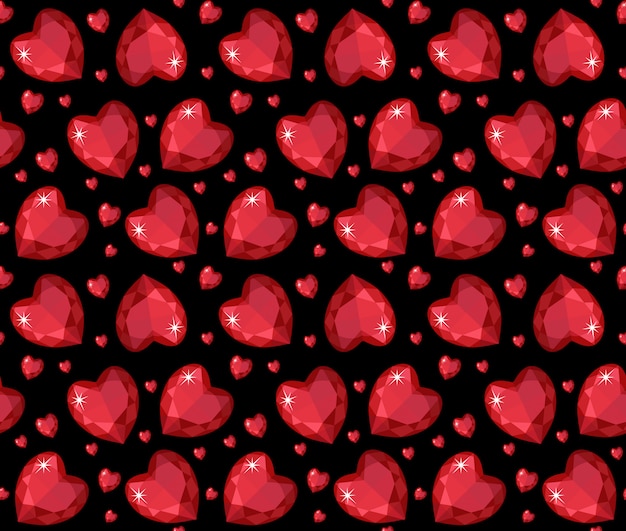 Modello senza cuciture di gioielli cuore rosso rubino. brillante, sfondo infinito di cuori di gemme, texture, carta da parati. san valentino. illustrazione.