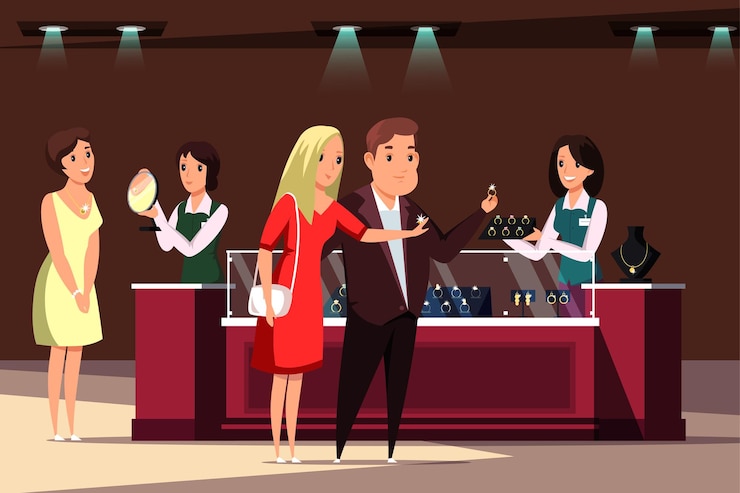 Vector jewelry store boutique illustration couple buying engagement rings woman trying on necklace