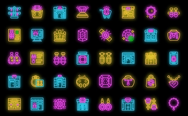 Jewelry store icons set vector neon