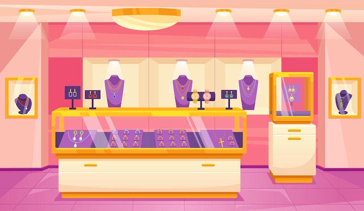 Vector jewelry store interior jewellery shop luxury exhibition cartoon jewel room boutique inside mall gold accessories sale glass showcase retail shopping ingenious vector illustration