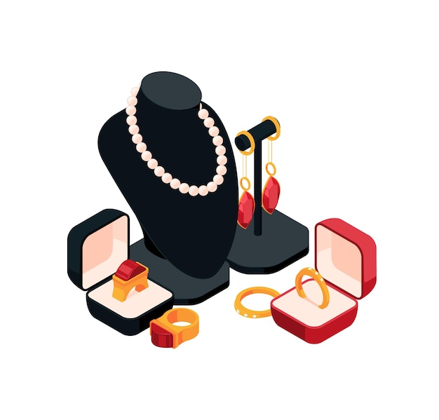 Jewelry wedding rings earrings and beads Vector isometric illustration