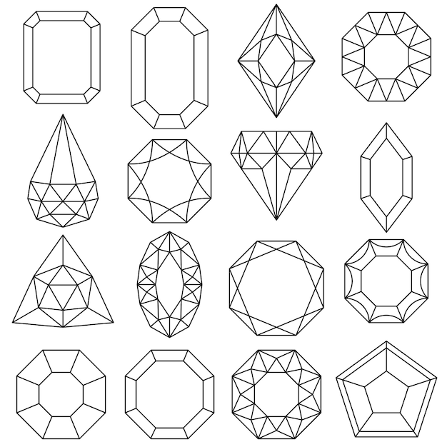 Набор драгоценных камней, драгоценные камни и бриллианты, изолированные роскошные иконки, дизайн контура.