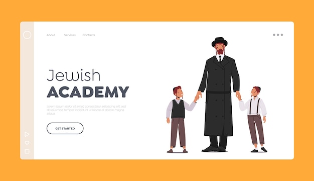 Jewish Academy Landing Page Template Traditional Jewish Family Orthodox Jew Father with Sons Characters