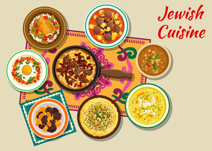 Vector jewish cuisine kosher dinner icon with beef, potato and bean stew cholent, hummus, egg and meatballs in tomato sauce, chicken with olives, chicken noodle and lamb chickpea soups, dry fruit dessert