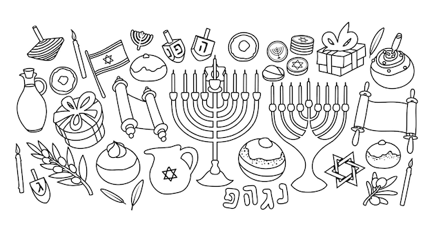 Jewish festival of Hanukkah related items and objects. Collection of hand drawn, vector cartoons