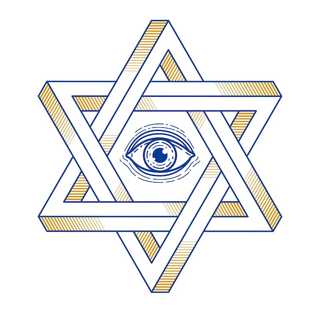 Jewish hexagonal star with all seeing eye of god sacred\
geometry religion symbol created from two dimensional triangles\
impossible shapes, vector logo or emblem design element.