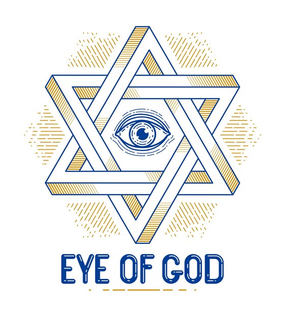 Jewish hexagonal star with all seeing eye of god sacred geometry religion symbol created from two dimensional triangles impossible shapes vector logo or emblem design element