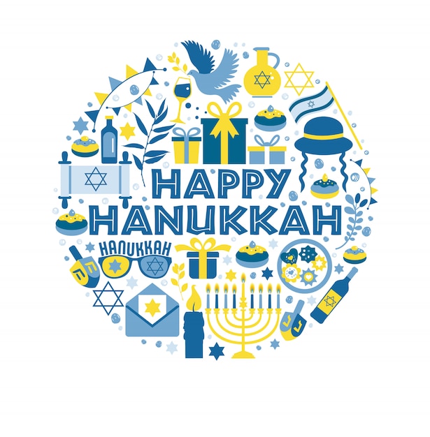 Vector jewish holiday hanukkah greeting card traditional chanukah illustration in circle.