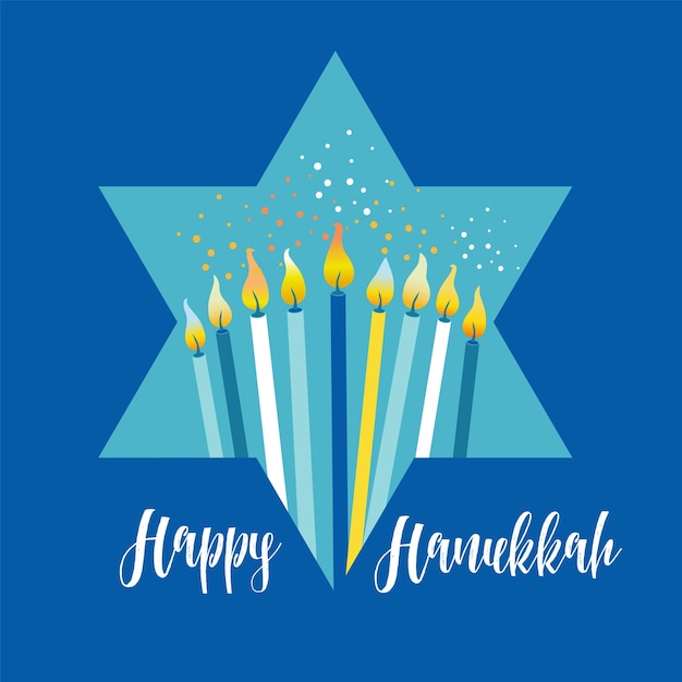 Jewish holiday hanukkah greeting card traditional chanukah symbols menorah candles in star david illustration on blue